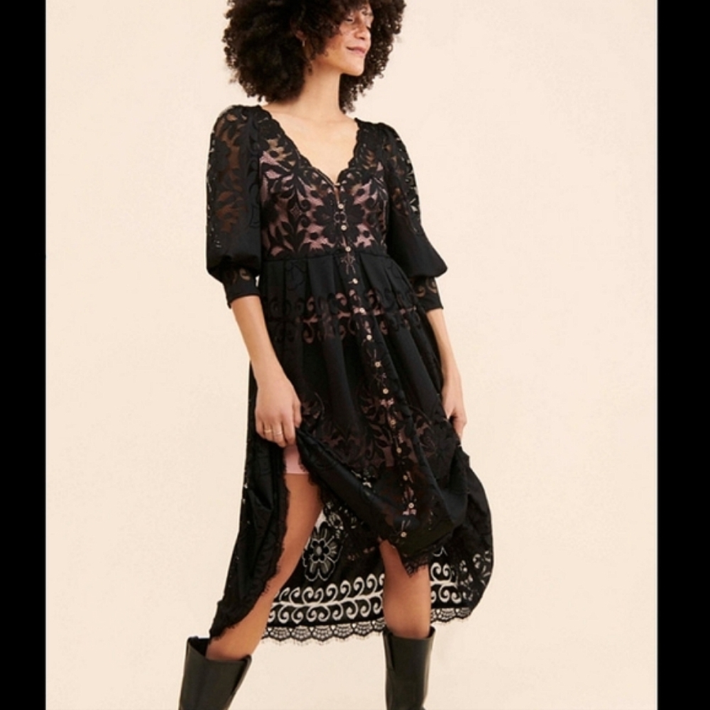 NEW Free People Shadow Dance black lace midi dress S